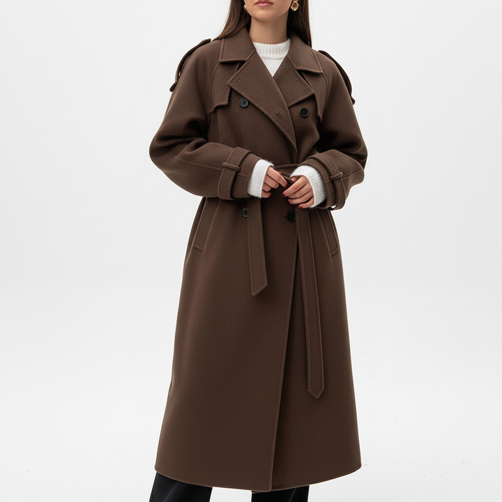 Fashionable women's belted maxi coat, elegant and warm double-breasted design for winter. Faye Mantel.