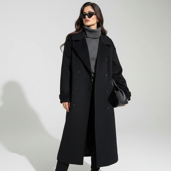 Classic black double-breasted maxi coat for women, featuring a flattering belt for an elegant winter look