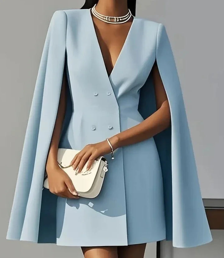 Stunning women's cocktail party mini dress, double-breasted with sophisticated cape sleeves, very elegant.