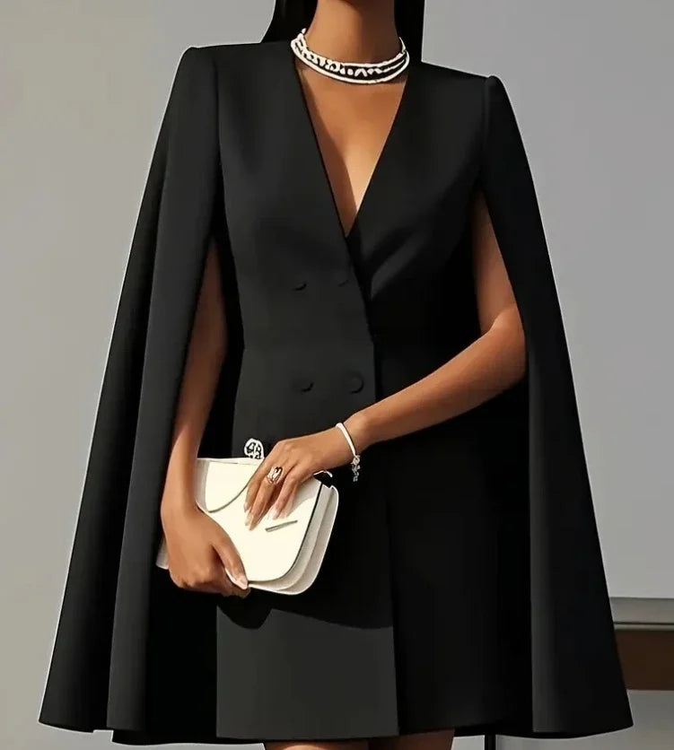 Sophisticated women's business attire mini dress, double-breasted design, elegant cape sleeves.