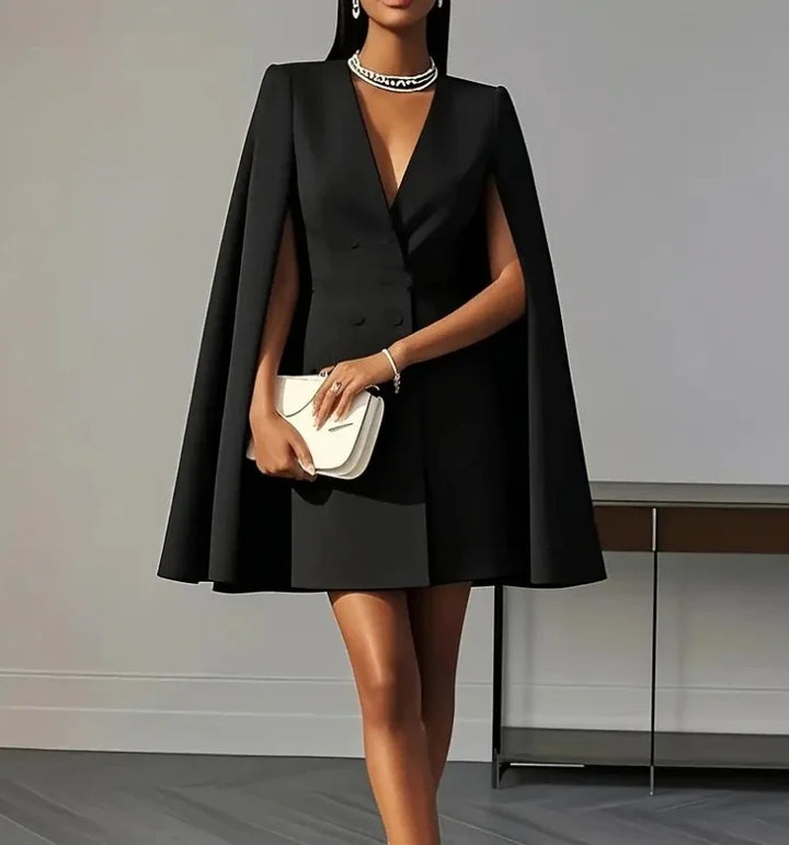 Women's elegant double-breasted cape sleeve mini dress, perfect for formal events, parties, and sophisticated style.