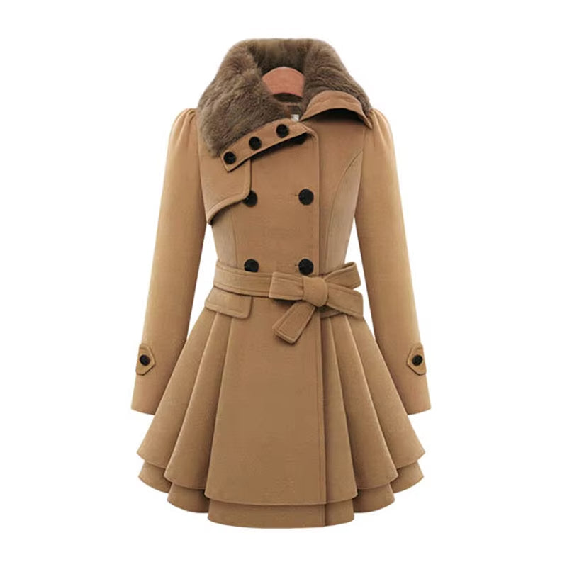 Elegant women's double-breasted overcoat with luxurious faux fur collar & unique layered hem.