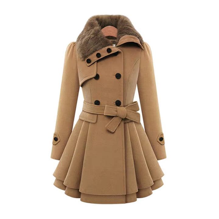 Elegant women's double-breasted overcoat with luxurious faux fur collar & unique layered hem.
