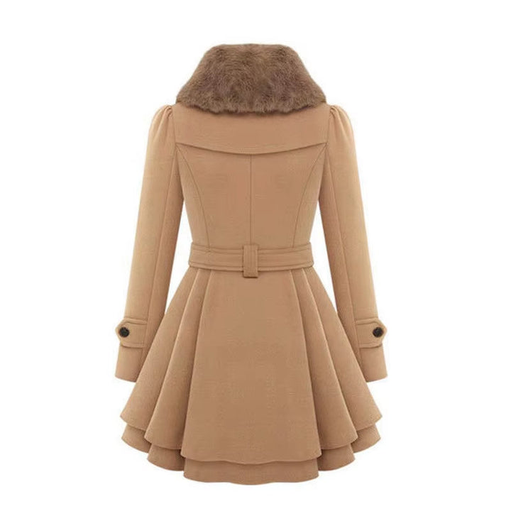 Classic women's winter overcoat, belted for a flattering fit, featuring a warm faux fur collar.