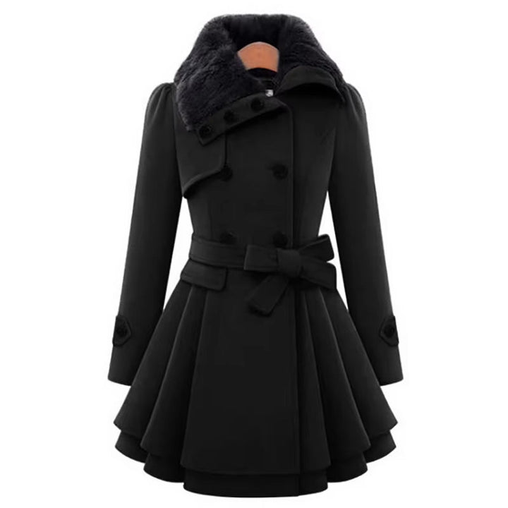 Stylish women's coat with an elegant faux fur collar, layered hem, and double-breasted design.