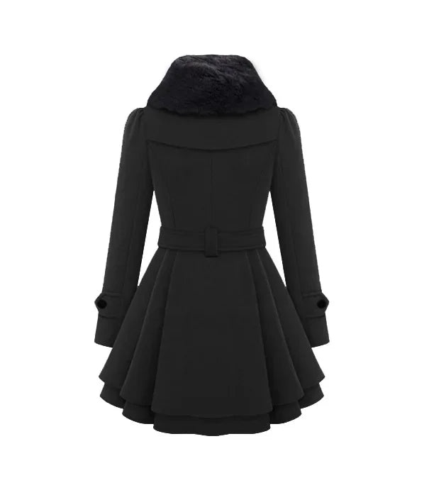Warm women's outerwear overcoat, perfect for winter, with a chic faux fur collar and layered hem.