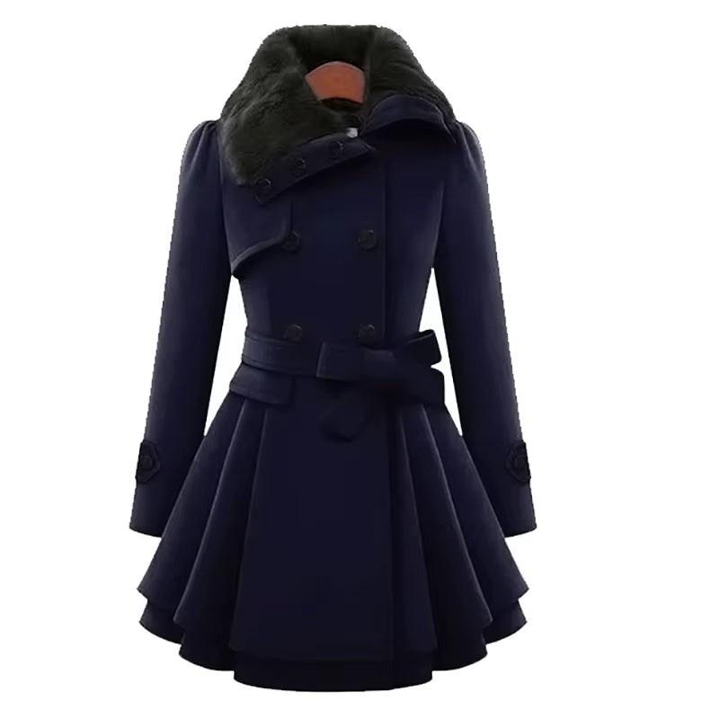 Sophisticated women's overcoat, belted, with a plush faux fur collar and fashionable layered hem.