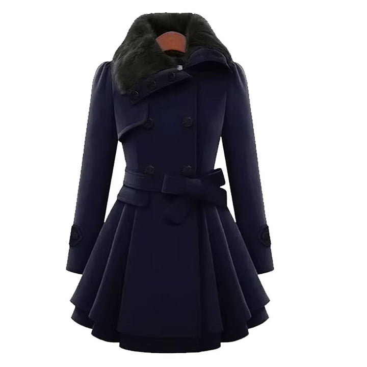 Sophisticated women's overcoat, belted, with a plush faux fur collar and fashionable layered hem.