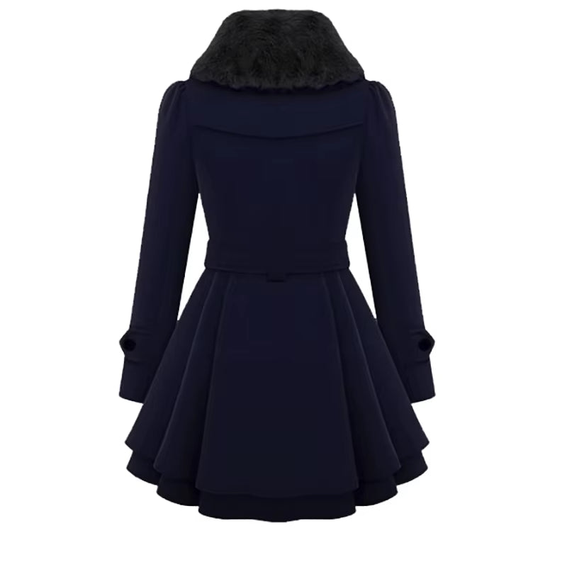 Cozy women's winter coat, double-breasted, with a soft faux fur collar and elegant layered hem.