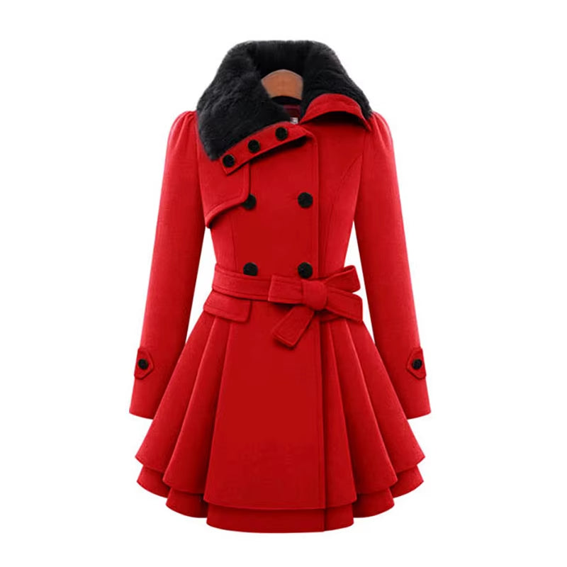 Women's elegant overcoat: a warm, double-breasted design with a faux fur collar & layered hem for winter.