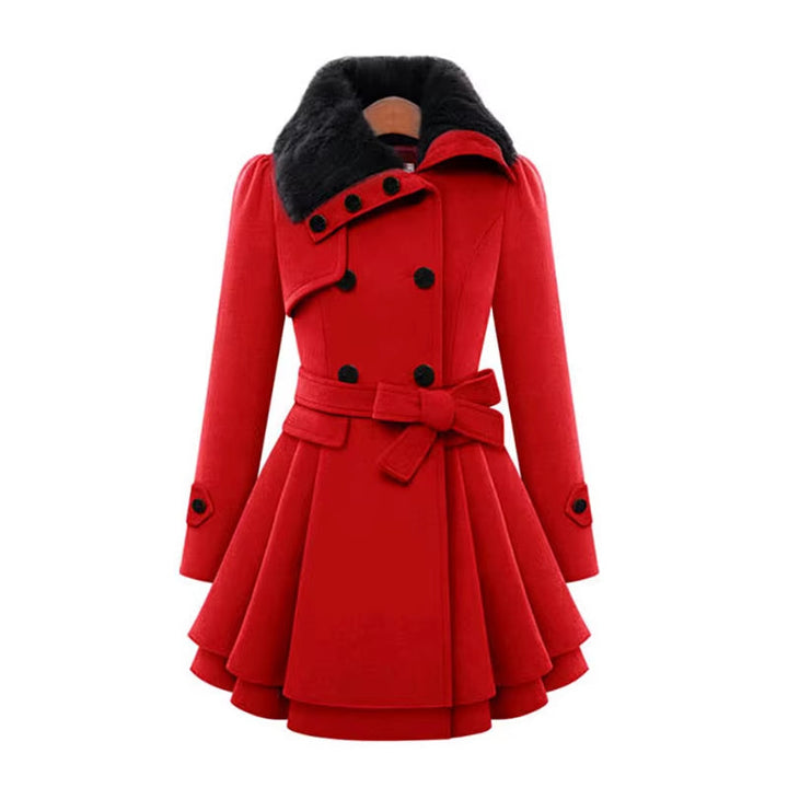 Women's elegant overcoat: a warm, double-breasted design with a faux fur collar & layered hem for winter.