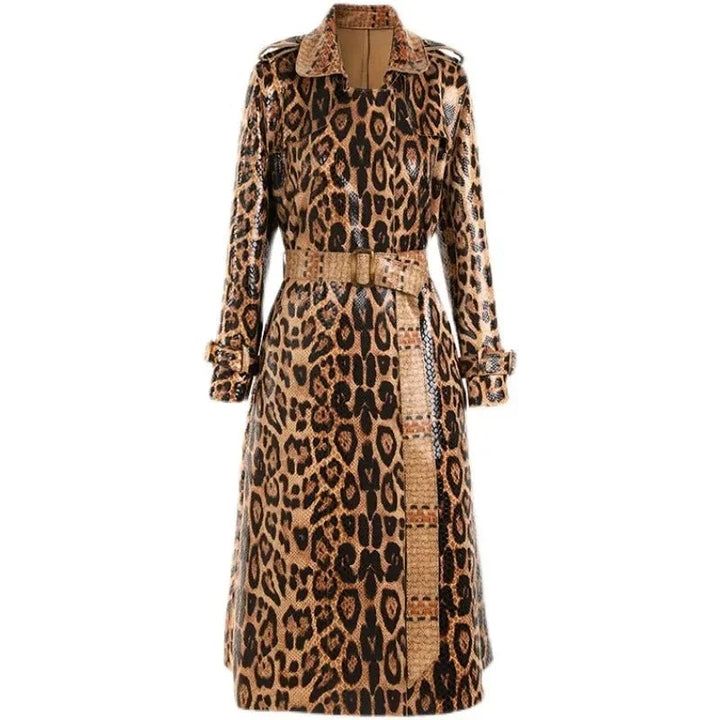 Elegant women's double-breasted trench coat for sophisticated fall and spring fashion. Classic outerwear style.