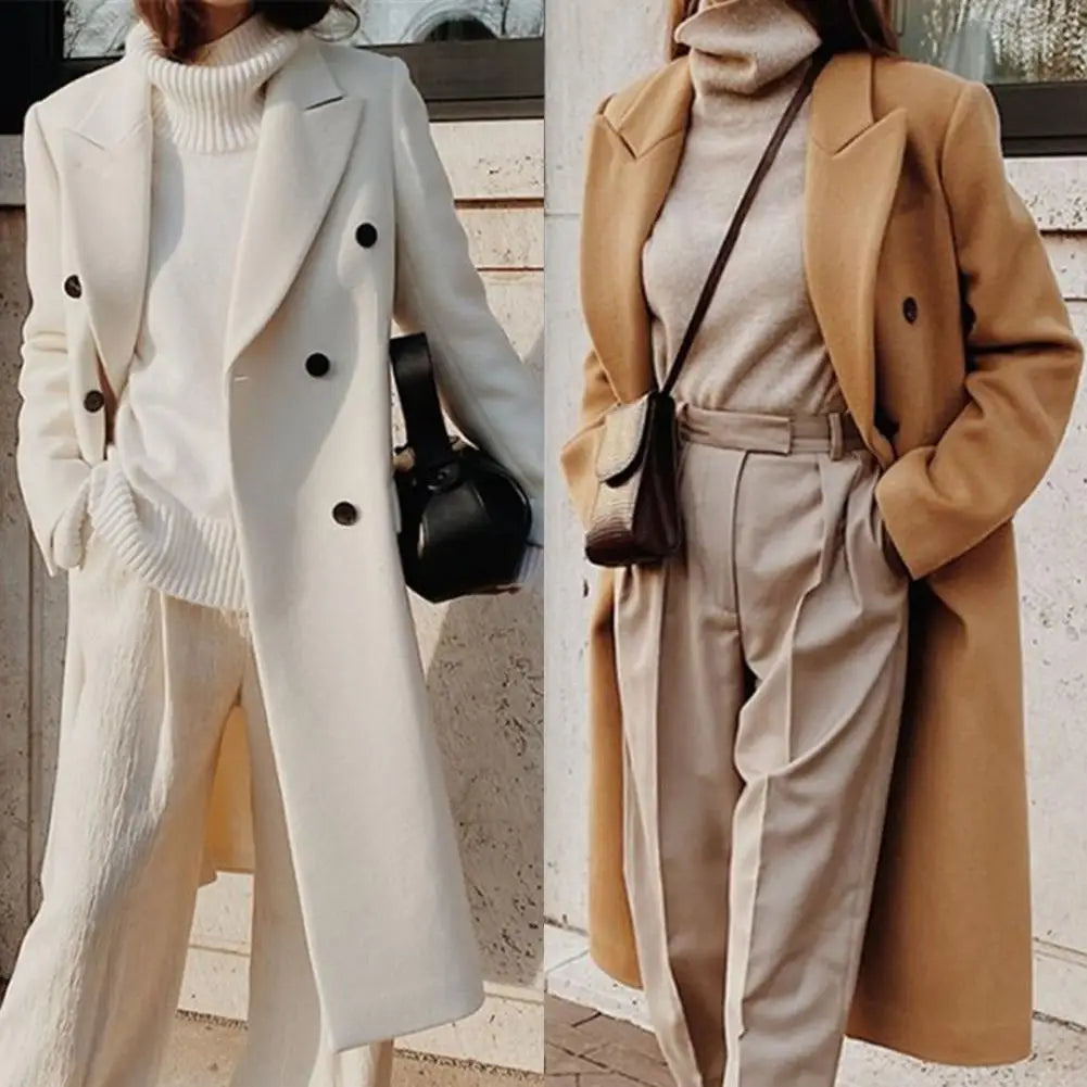 Elegant women's double-breasted trench coat with a notch collar, perfect for professional workwear and chic fall outings.