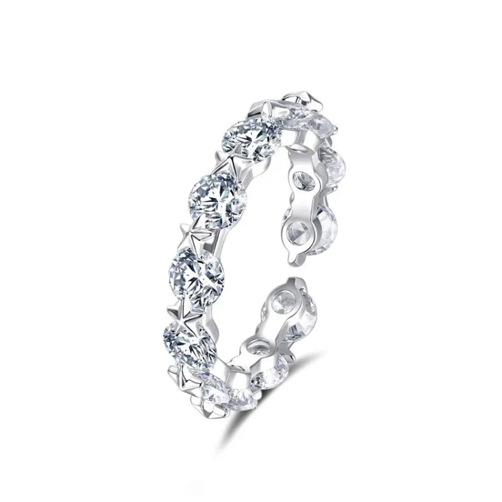 Elegant women's double-layered silver ring set with celestial star designs and sparkling zirconia, stackable fashion jewelry.