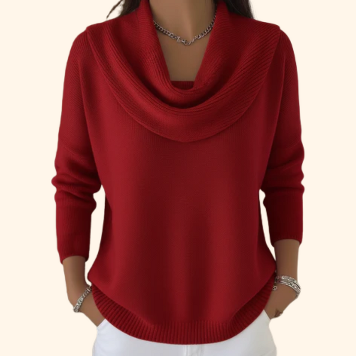 Elegant women's draped cowl neck sweater in a cozy knit, perfect for stylish winter outfits.