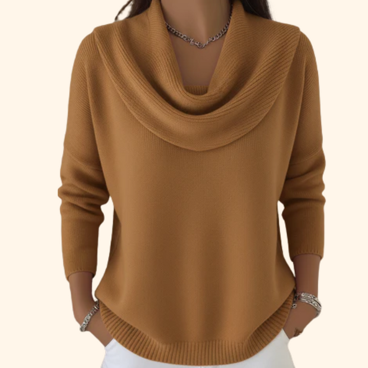 Cozy women's long sleeve cowl neck jumper for versatile, casual chic everyday winter wear.
