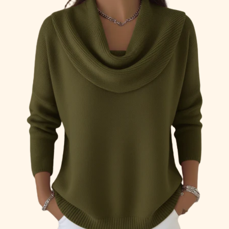Stylish women's draped cowl neck pullover. Soft, long sleeve winter knit sweater for cold weather.