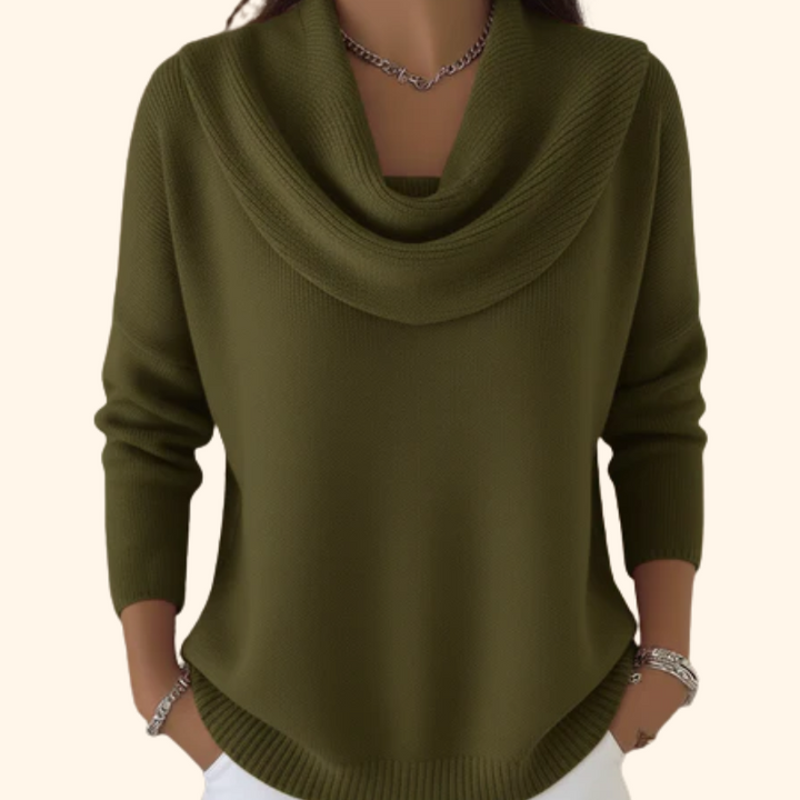 Stylish women's draped cowl neck pullover. Soft, long sleeve winter knit sweater for cold weather.