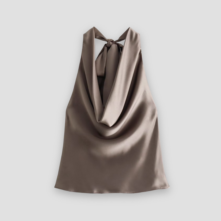 Elegant women's draped halter satin tank top, perfect for evening wear & chic summer outfits.