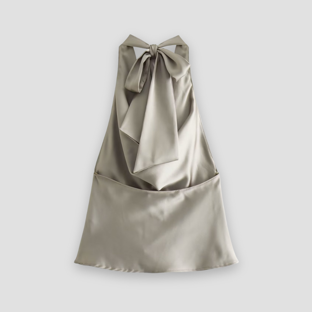 Stylish women's draped halter satin top, an elegant sleeveless blouse for summer chic and sophisticated outfits.