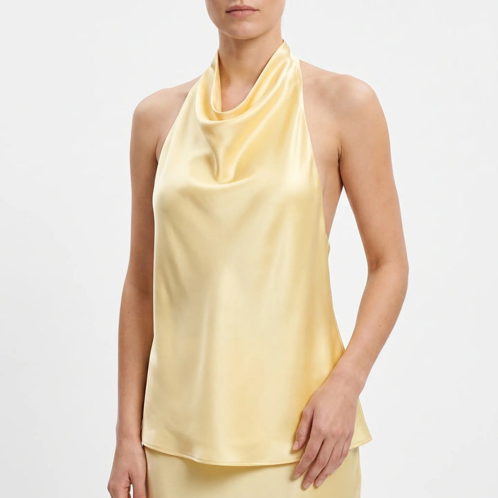 Chic sleeveless and backless halter top for women, featuring a flattering draped neckline.