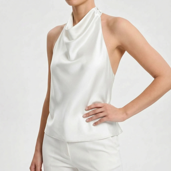 Casual elegant women's tank top: draped halter style, sleeveless, ideal for warm evenings.