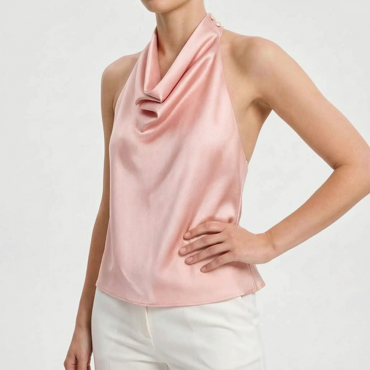 Women's fashion halter top, sleek sleeveless design with a unique draped backless look.