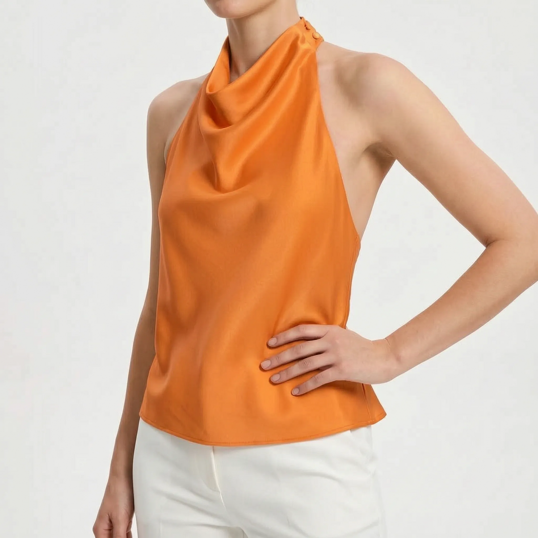 Draped neckline halter top for women, a stylish backless and sleeveless piece for summer.