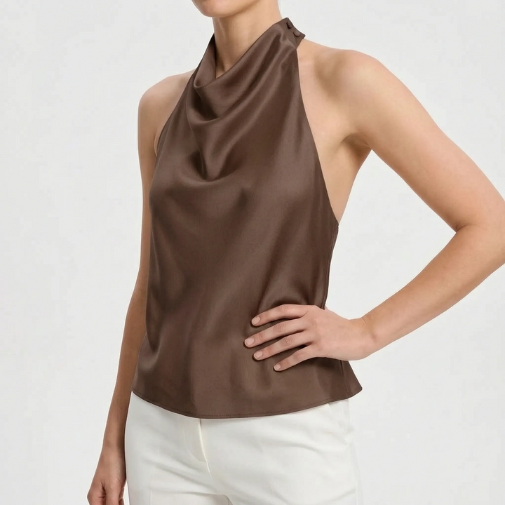 Fashionable women's draped halter tank top, sleeveless and backless for a chic summer.