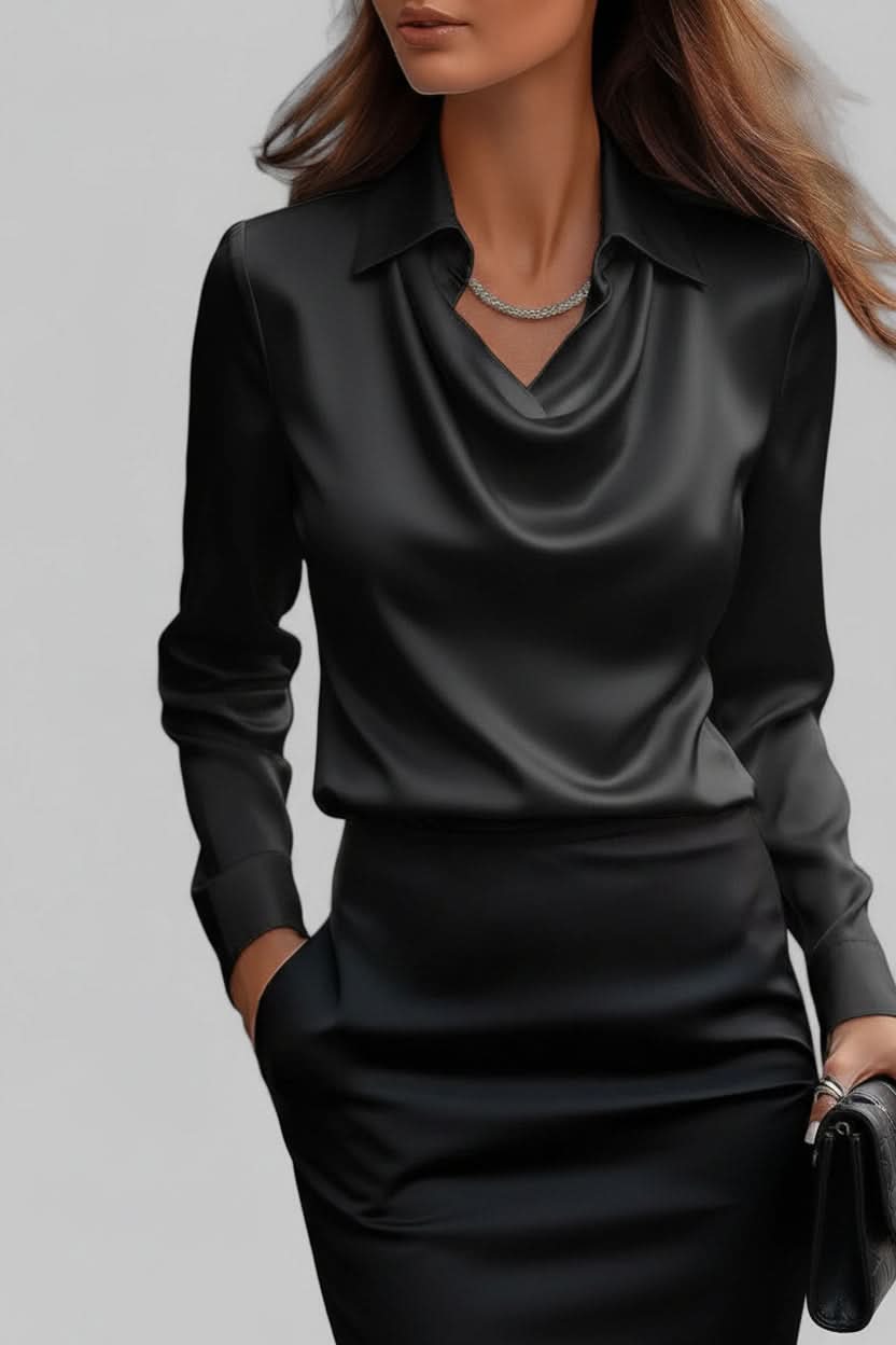 Draped long sleeve women's blouse, an elegant and chic top perfect for versatile workwear and evening events.