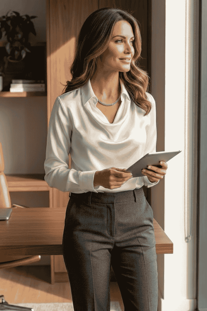 Chic women's flowy long sleeve blouse with elegant drape, ideal for versatile fashion and sophisticated style.