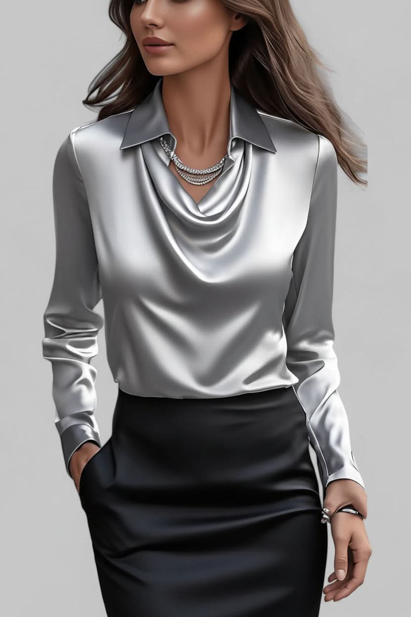 Professional women's workwear blouse, an elegant draped long sleeve top for office and formal occasions.