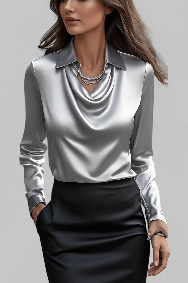 Professional women's workwear blouse, an elegant draped long sleeve top for office and formal occasions.