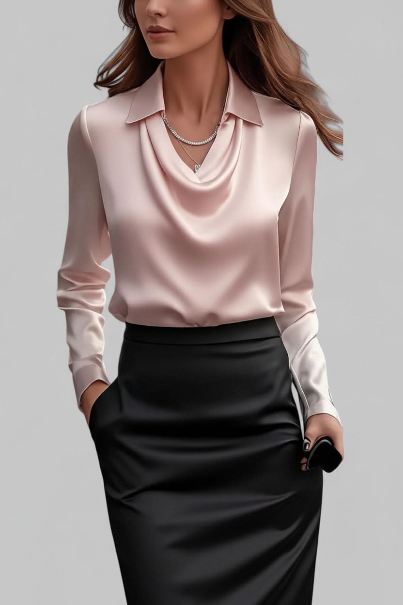Versatile women's elegant long sleeve draped blouse, a chic top suitable for both office and evening wear.