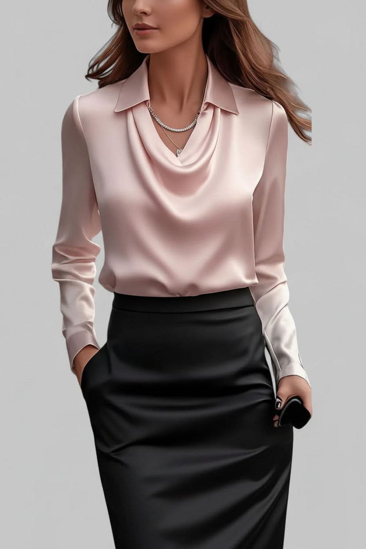 Versatile women's elegant long sleeve draped blouse, a chic top suitable for both office and evening wear.