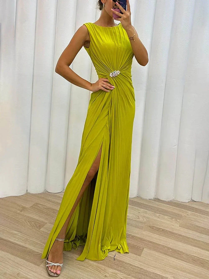 Elegant women's draped maxi wedding guest dress with boat neck, perfect for formal evening parties and special occasions.