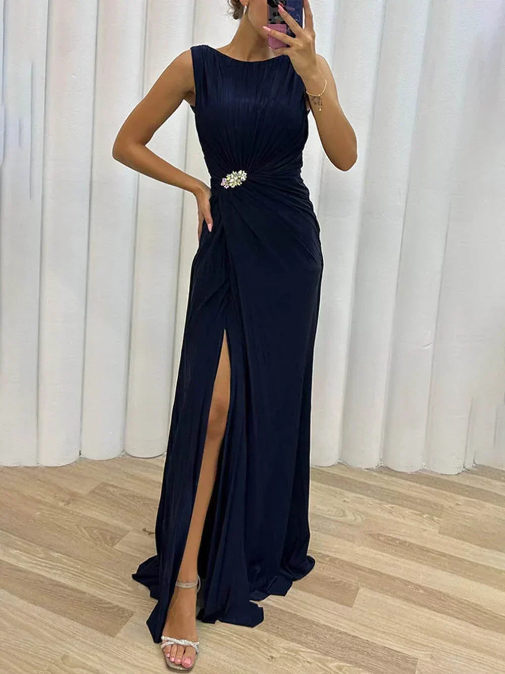 Sophisticated sleeveless draped maxi dress for women, ideal as a formal wedding guest or evening party gown.