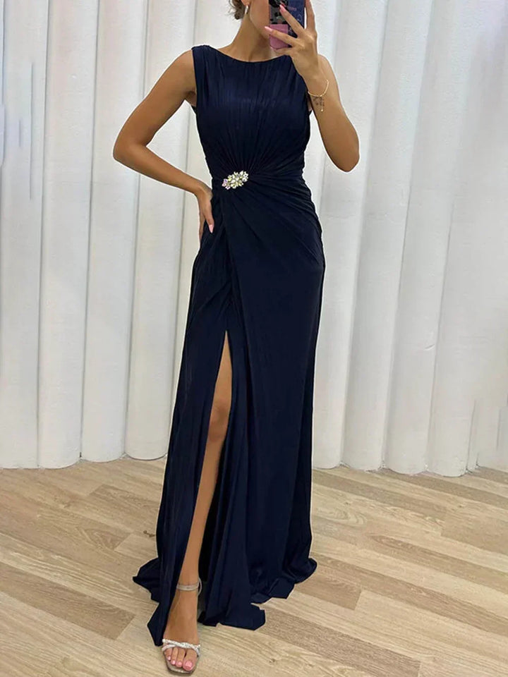 Sophisticated sleeveless draped maxi dress for women, ideal as a formal wedding guest or evening party gown.