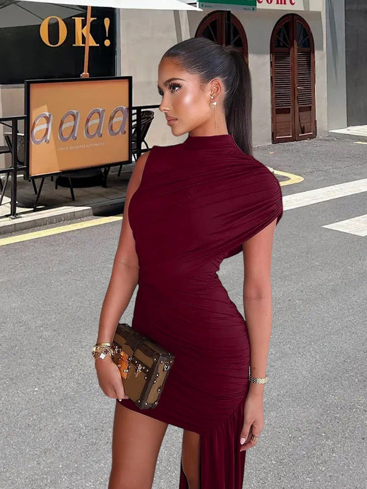 Elegant women's draped mini dress for parties. Features a stylish sleeveless design, perfect for cocktail or evening events.