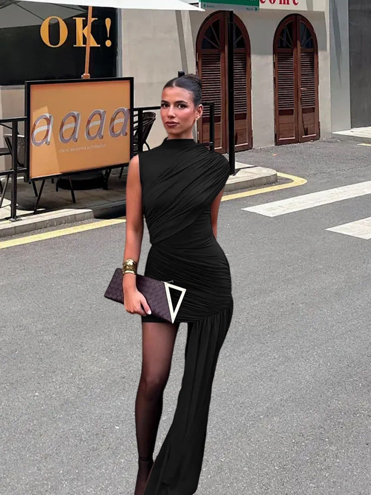Chic women's sleeveless mini dress with elegant draping, perfect for a sophisticated party or cocktail evening.