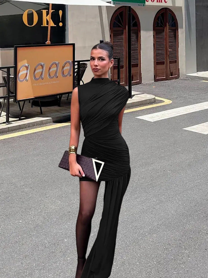 Chic women's sleeveless mini dress with elegant draping, perfect for a sophisticated party or cocktail evening.