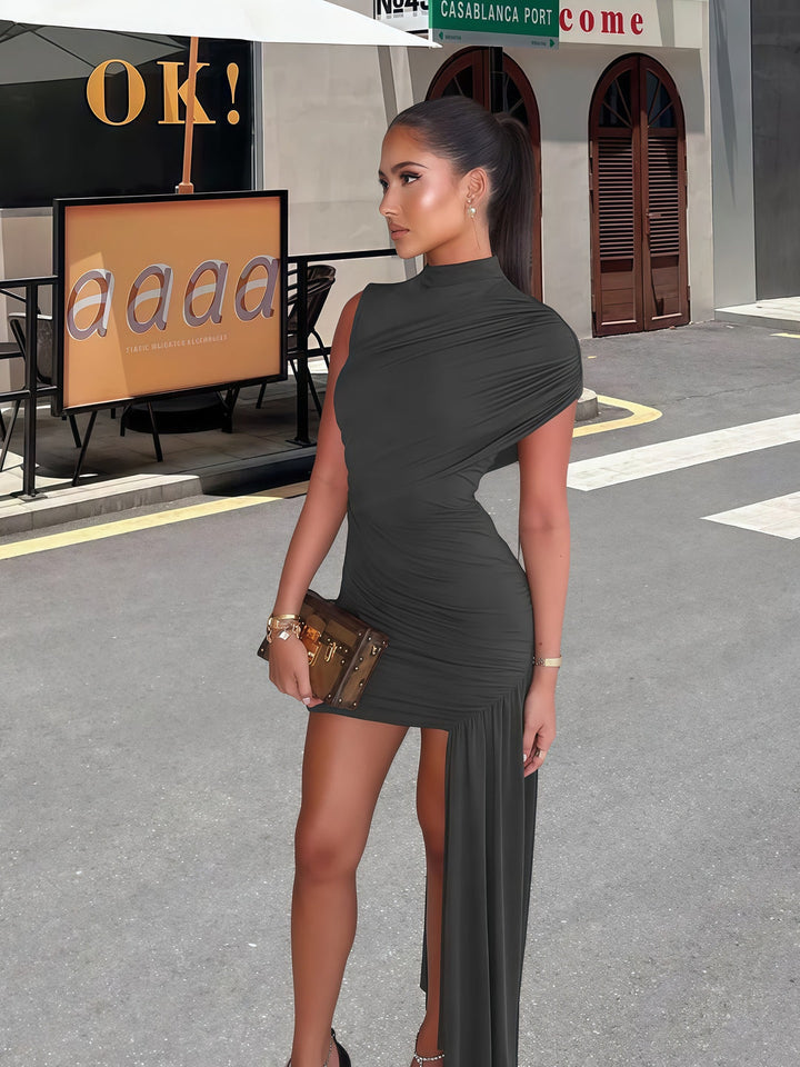 Gorgeous women's elegant mini dress featuring chic draping. Perfect sleeveless party or cocktail dress for special events.