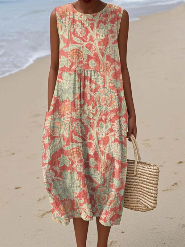 Elegant Women's Effortless Floral Midi Dress. Comfortable sleeveless summer style for versatile casual wear. Flowy printed design.