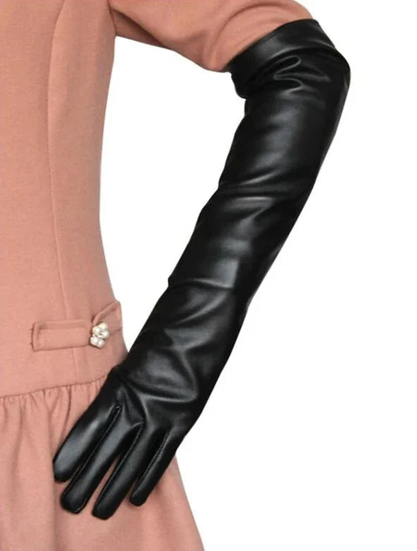 Elegant pink vegan leather elbow-length gloves, perfect long gloves for women's attire.