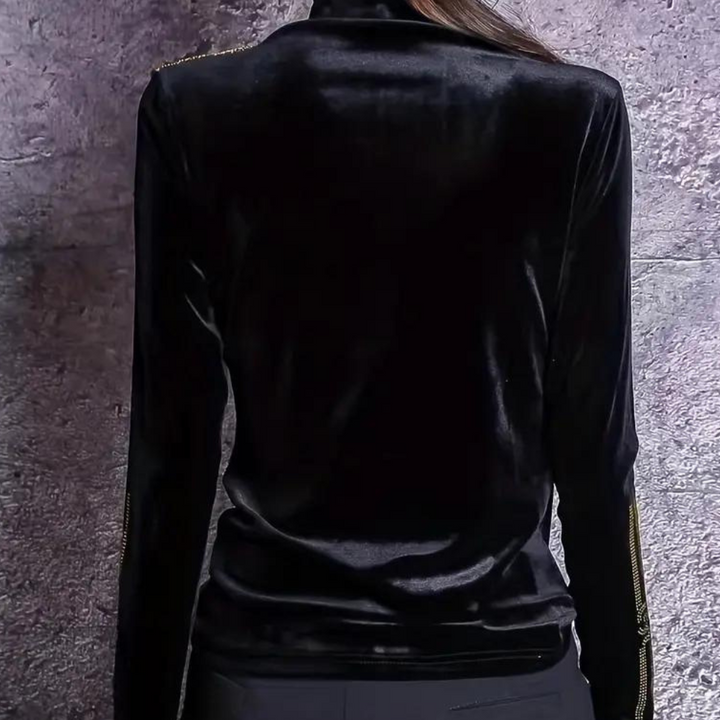 Sophisticated women's Elise high collar sweater. A versatile, fitted, long sleeve knit top for casual or elegant looks.