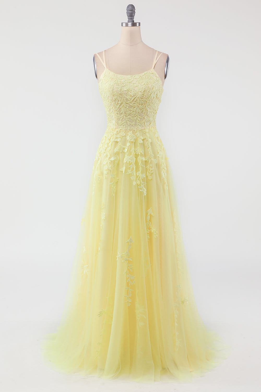 Elegant tulle evening gown with intricate appliqués & sparkling embellishments for women.