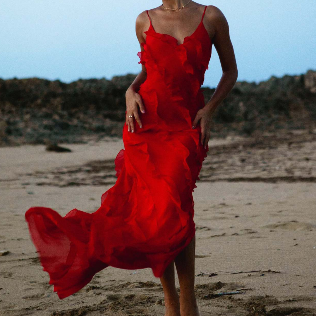Stunning Red Embellished Maxi Dress for women. Ideal elegant evening gown for parties & special occasions.