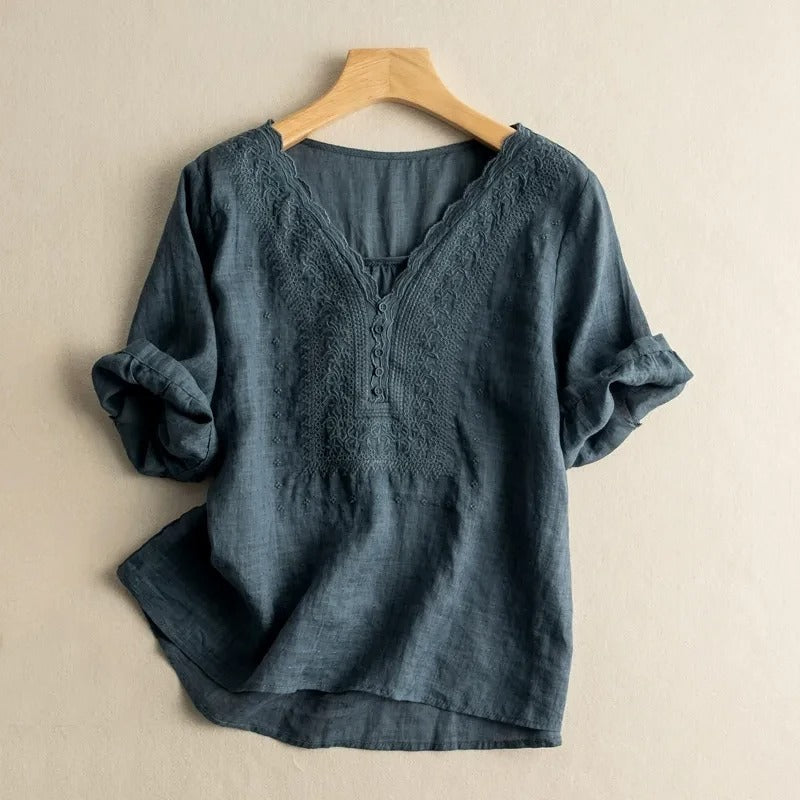 Elegant women's embroidered long sleeve blouse, relaxed fit, perfect for chic spring & summer everyday wear.