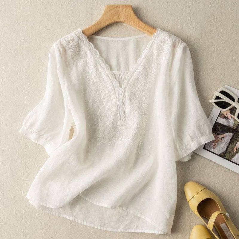 Chic women's embroidered long sleeve blouse for spring/summer. Relaxed fit, button-up, a comfortable & elegant everyday top.
