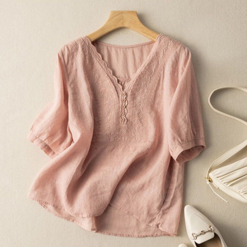 Women's relaxed fit long sleeve blouse featuring delicate embroidery. Stylish button-up top, perfect for elegant everyday wear.